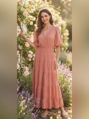 J Gee Tiered Smocked Dusty Rose Puff Sleeve Maxi Dress Sz M Milkmaid Cottagecore
